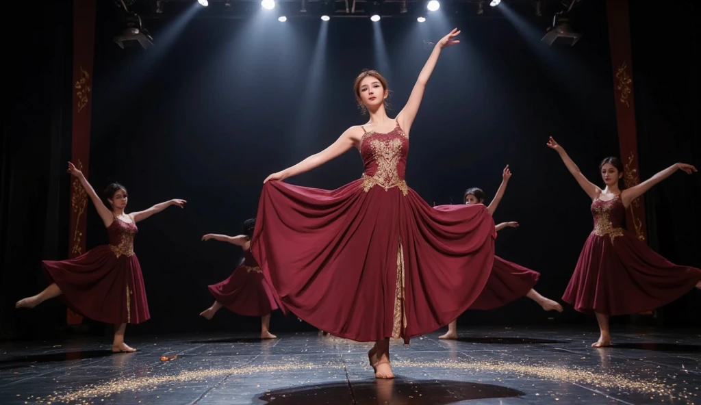 (((best quality))),(((ultra detailed))),(((masterpiece))),illustration, 1girl,singer,solo,short ponytail,open mouth,laughing,slim,thin,flat chest,small breasts,earrings,necklace,Maxi gorgeous sparkled red shirt-dress,slender legs,high heels,on the stage, performance, passion, confidence, elegance, lighting effects, decorations, audience, melodious voice, beautiful appearance, captivating performance,standing,full body,from front,arms behind back