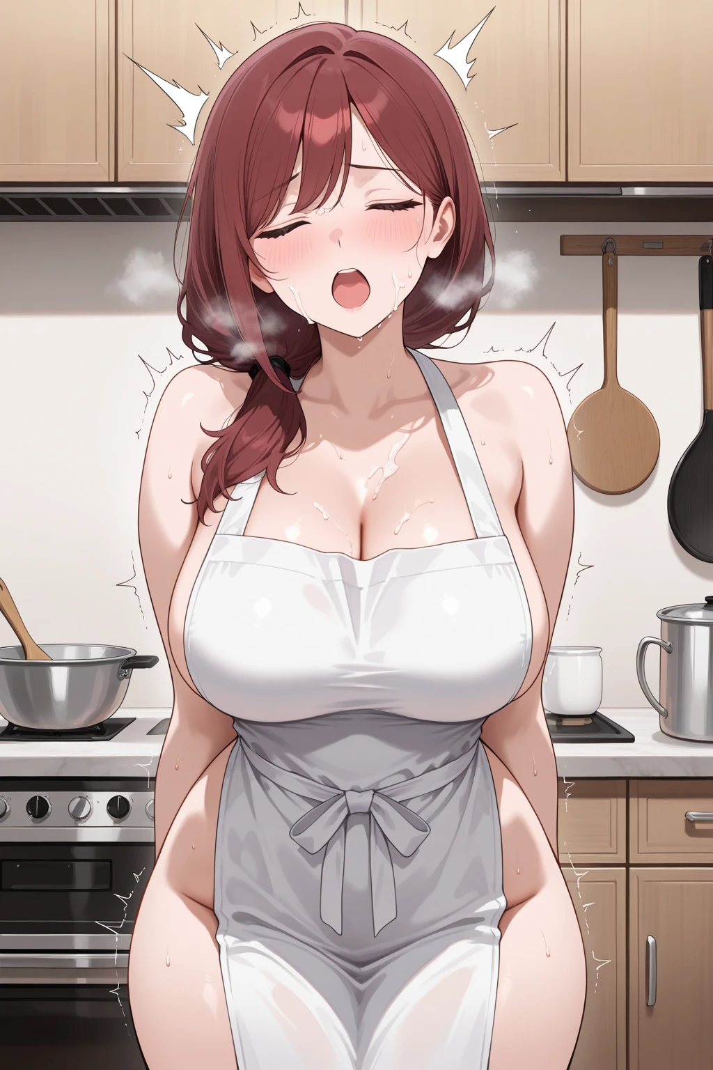 (Mature Woman:1.5), (mother:1.5), Ishtar, Fate Grand Order, (absurderes, 8K, 4K, masutepiece, hyper extreme detailed:1.2), Best Quality, Perfect Anatomy,Perfect face,Facing forward,High humidity, (alone:1.2), (Sweaty:1.3), shortness of breath, High humidity, humid, (Black Hair:1.1), Red eyes, Looking into the camera, (Very large breasts:1.5), Light clothing, apron, (kitchen;1.1), (Having a conversation:1.5), (Speech bubble:1.2), A kind smile, relief, peace of mind, mother性, Cooking, have a ladle, pot, pot-au-feu, (chubby:1.1), (Plump:1.1)