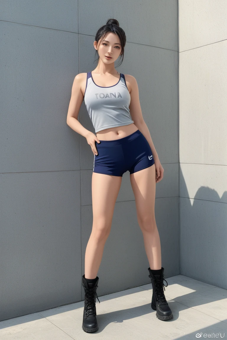 Woman in dark blue bloomers, short cut, full body portrait, chestnut hair, dry grass colored jersey, dignified eyes, big eyes, 8K, best quality, hairpin, , wearing gym clothes inner, F cup --auto --s2