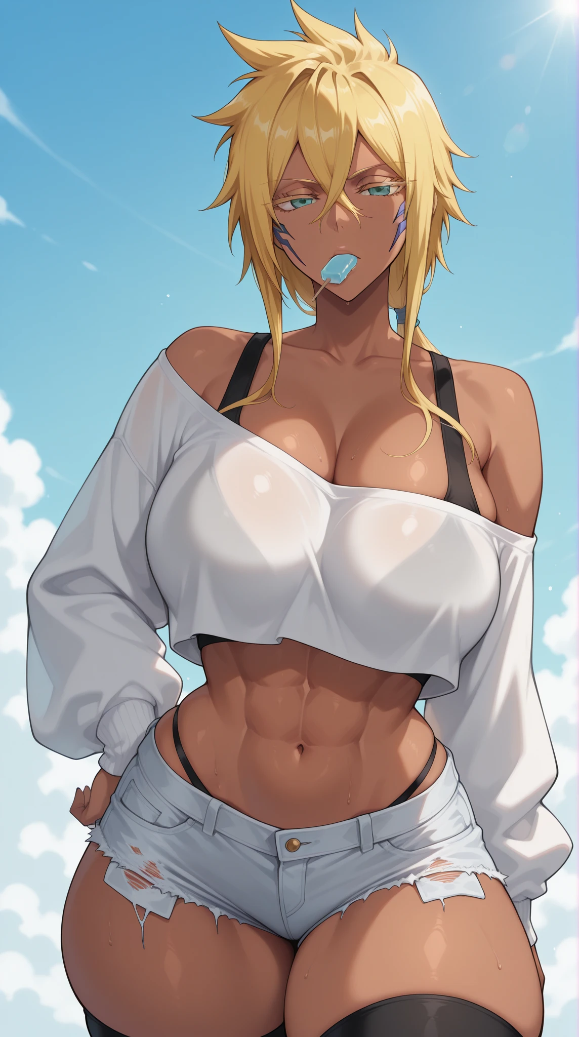 (masterpiece, best quality:1.2), solo, Android 18 from Dragon Ball, (light gray top), ((slip-on crop top)), ((long sweatpants)), ((light gray sweatpants)), (gray hooded jacket), thighs, midriff, small breasts, sweat, blonde hair, (single hair bun), ((blue eyes)), glasses, earrings on earlobes, slender feminine figure, narrow waistline, skinny body, long legs, Egypt, walking across desert, large pyramid in background, daytime, clear sunny sky, sweating, cleavage, magnificent view, blur background, 4K