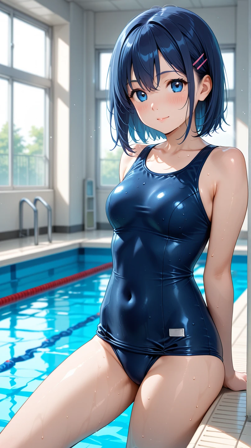 (gleaming skin:1.3), A young girl with black short hair, sky-blue eyes, wearing a one-piece swimsuit, standing, classroom. crowd. (from the right side:1.3)