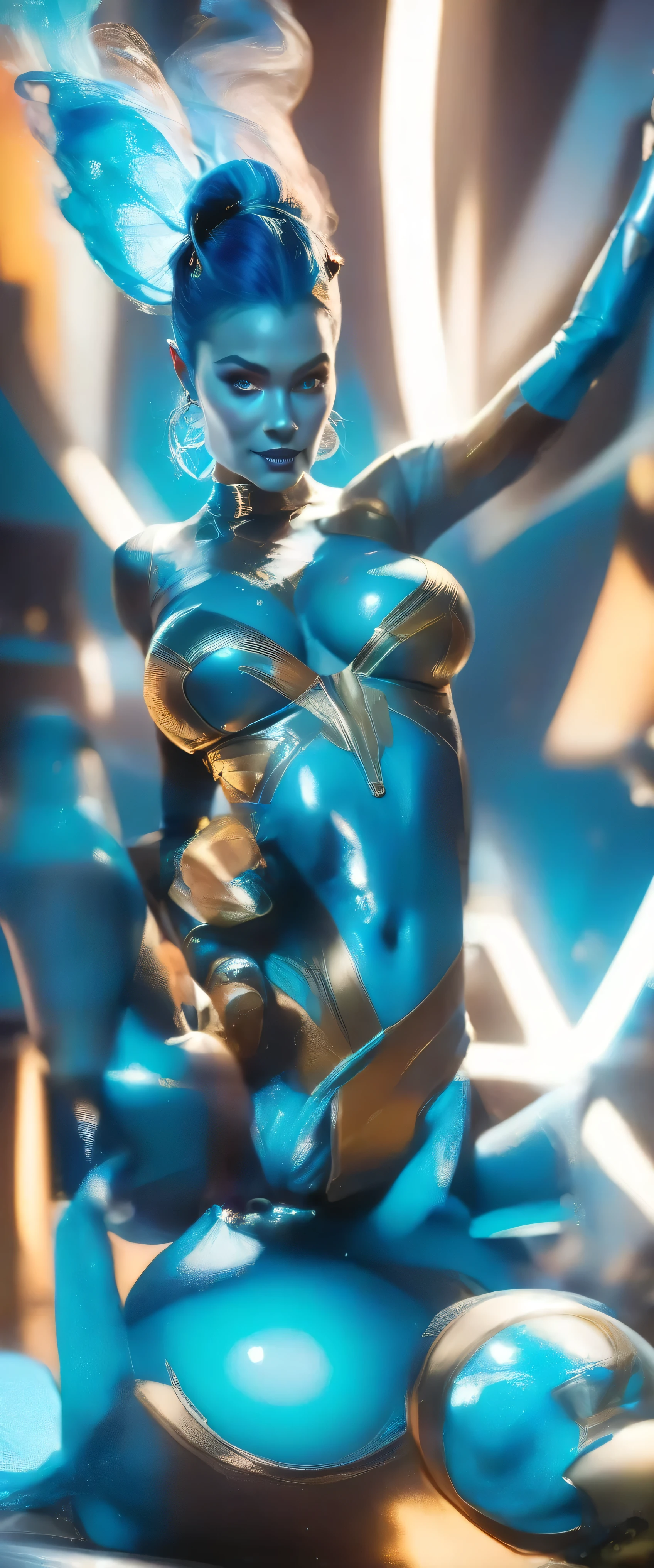 [basety style|seviechan style|abbe bi style|cherrmous style|othalama style|stanleylau style], extremely detailed, amazing, fine detail, absurdres, Masterpiece,ultra high res, Stunning, Symetrical, (Beautiful_Brazilian_Milf_Woman_Warrior), (Athletic_Body_ABS_Thighs), (Suntan-Dark_Skin:1.3), (Shine_Glossy_Skin), (Gorgeous_Long_Curly_Colored_Iridescent_Multiverse-Hair), (high detailed Skin:1.3), (fleshy luscious lips), (Cleft_Chin), (hollywood lips, wide jaw line, wide lips, narrow beautiful nose, (highly detailed women), extremely detailed eyes and face, iridescent irirs, nose stud, (Perfect_Hands), detailed clothes, naughty face, looking at viewer, (wearing Medieval-Chromatic-Armor with iridescent Fluid Isometric Intricate Multiverse Effects), (Sitting on Medieval-Futuristic-Intricate-Throny in Mediavel Castle Multiverse Space), (Cinematic-light), (nikon d850 film stock photograph 4 kodak portra 400 camera f1.6 lens rich colors hyper realistic lifelike texture dramatic lighting)