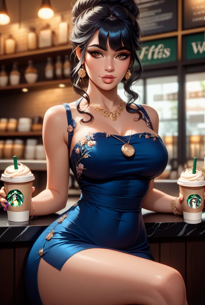 Tia is shown to have a fairly slender figure. She has white-grey hair , she has short hair and large pale green eyes, The girl poses in a portrait with intuitive weight and confidence. She wears a silk satin T-shirt that adheres to her skin softly, wrapping around her in a bright color that highlights her femininity. The look is charming, spreading joy through the strands of her dark hair. The silk satin skirt flows elegantly over her body, carrying her lightly with the grace of her movement.
She shines with gold dangling earrings that add a touch of classic elegance to her look. Sparkling bracelets enhance her elegance and make her look complete. She carries the cakes professionally as if she was born to serve them, while a warm smile emanates from her face, reflecting her happiness in the midst of this work that she loves. Background: A cake shop filled with various types of cakes and pastries, a warm atmosphere., cleavage exposed, medium breasts, superior quality, many details, Puri focus Sharp and realistic