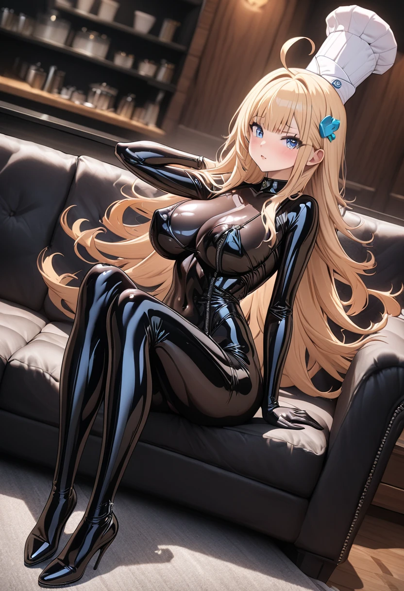 animal_ears, bunny_ears, bunnysuit, leotard, breasts, rating:safe, pantyhose, bunny_tail, gloves, bowtie, fake_animal_ears, black_gloves, blue_eyes, black_leotard, bow, tail, large_breasts, detached_collar, bare_shoulders, cleavage, strapless, fake_tail, wrist_cuffs, bunny_girl, strapless_leotard, blonde_hair, looking_at_viewer, brown_legwear, blush, 1girl, elbow_gloves, short_hair, detached_sleeves, bangs, collarbone, solo, indoors, eyebrows_visible_through_hair, highleg_leotard, hairband, thighs, closed_mouth, smile, long_hair, holding, covered_navel, black_legwear