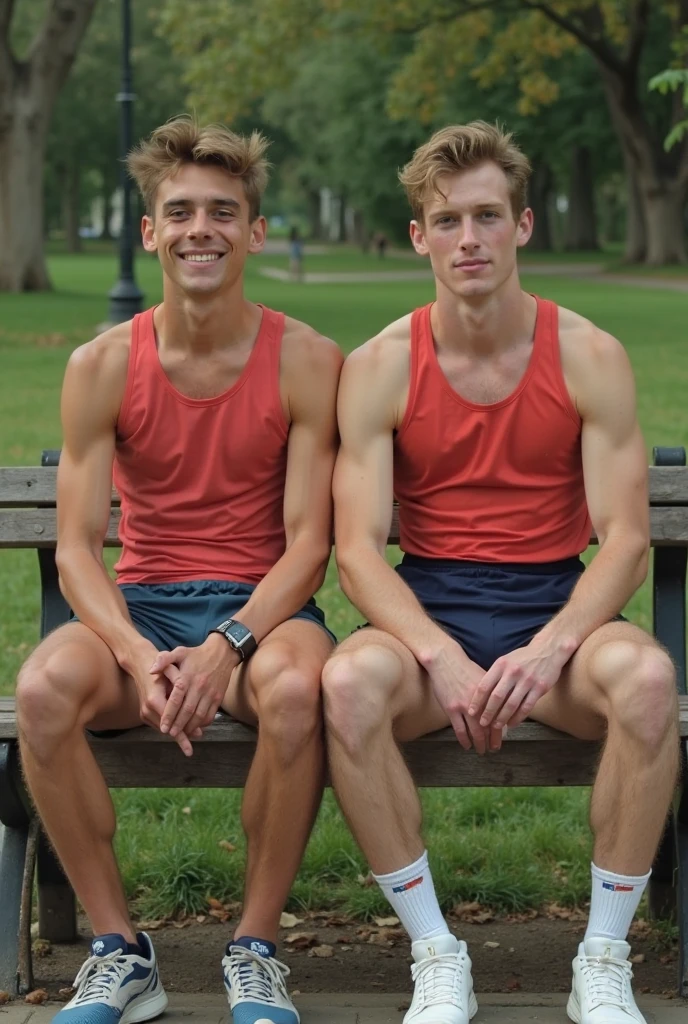 Two gorgeous 20-year-old white Caucasian men machine-shaved hair, short European military cut style hair, shaved hair, freckled face skin, full mustache and no beard, red hair all over the body, (thin, one tall and one short), wearing a white Nike cropped blouse and a black, muscular, red-haired sports shorts with red body hair, full mustache and no beard, details, natural light, sharp focus, cinematic, crystal clear, intricate details Wide vision, realistic lighting, RAW photo, (highly detailed skin: 1.2), 8k uhd, dslr, soft lighting, high quality, film grain, Arri Alexa, basketball court background with fog, realistic face,