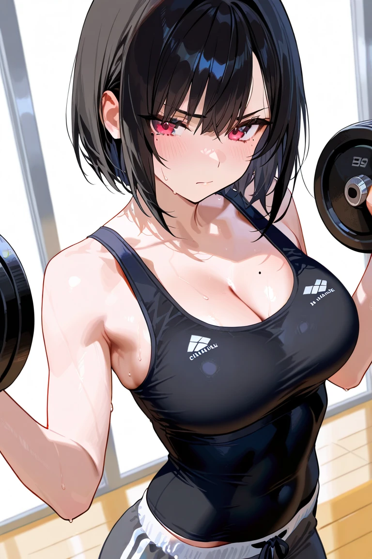 gym, exersice, workout, hot, sweating, sweaty, tan, big boobs, black hair, ponytail, tan skin, lifting, flustered, blush, black clothes, see thru, stocking, in pain, teeth clenching, clenching teeth, heavy lifting,