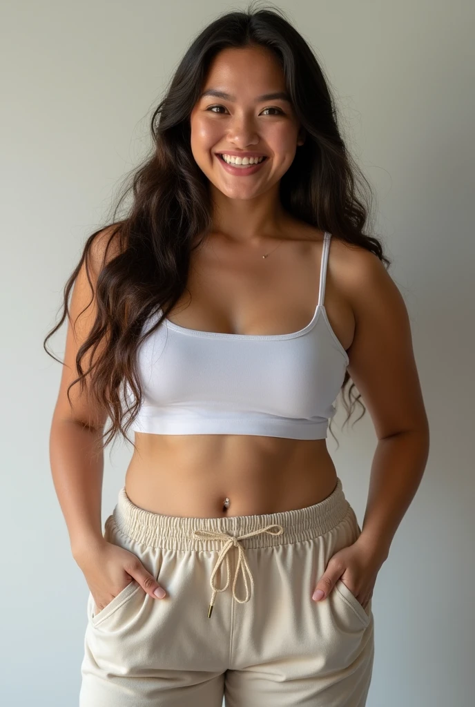 20 year old latina black hair light eyes full lips beautiful face , sonriendo posando de manera sexy, vestida con pantalon de yoga corto en el gimnacio haciendo ejercicio en una maquina de gimnacio