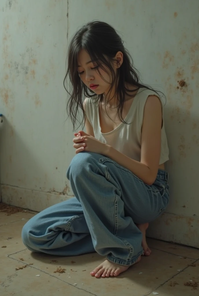 Early twenties woman, laying on floor in the corner,  crying, bruised face and body, torn shirt and pants