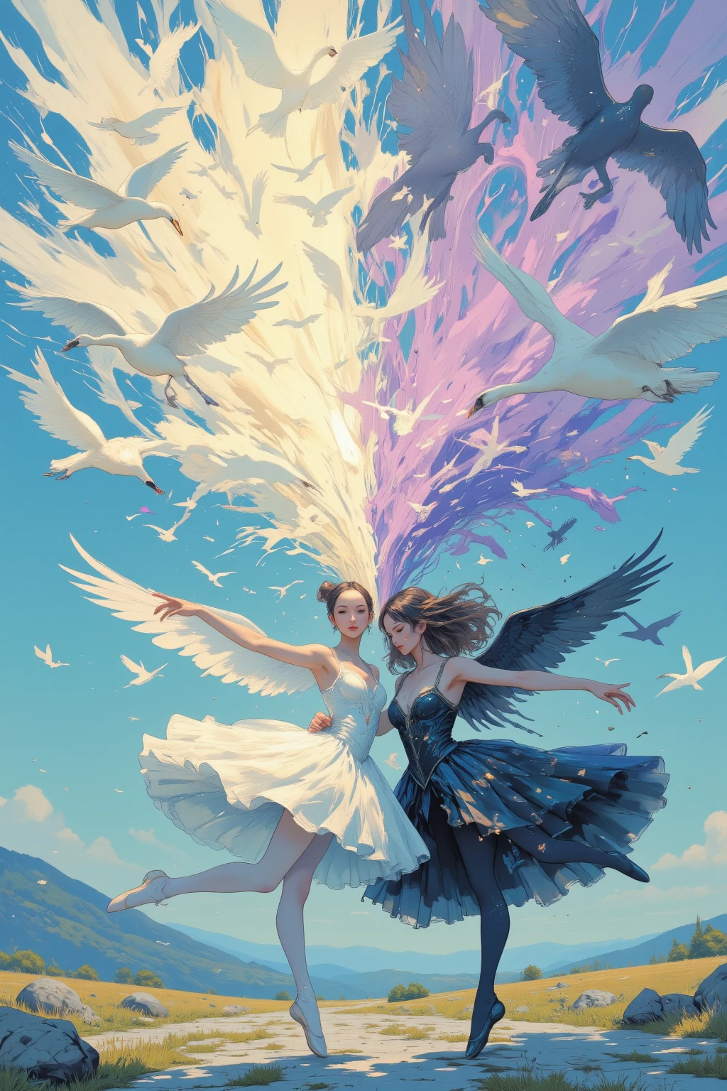 masterpiece, best quality,1girl, (flying:1.25), (angelic:1.25), (flowers:1.15), (abstract:1.25), furrowed brow, Twinset, bridge<lora:gpts4 lite dreamwave_278580:1>
