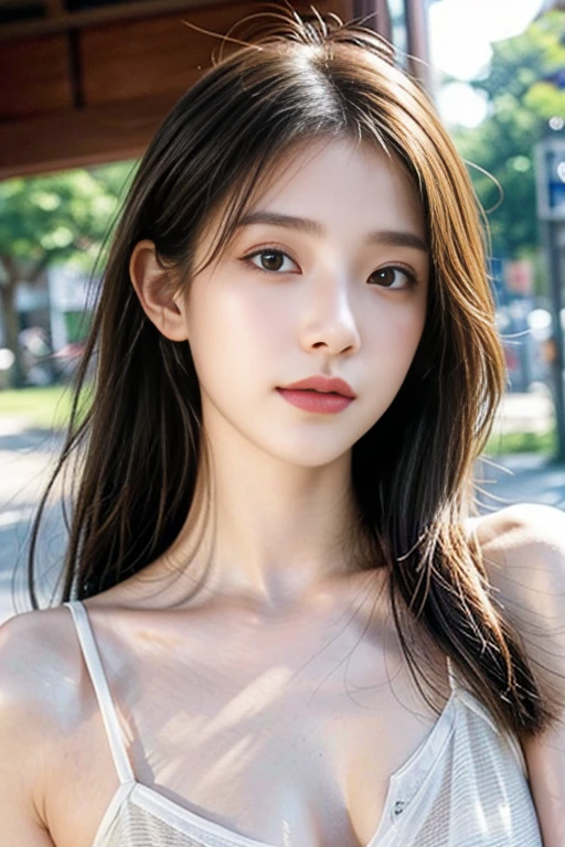 (logo, masterpiece, 8K, Tabletop, RAW Photos, wonderful, 最high quality, Photorealistic and very detailed CG composite 8k wallpaper, high quality, Very detailed, Narrative poem, Particle Effects, Dynamic Effects, Depth of the Boundary, Cinematic Light, Lens flare, Ray Tracing), short hair beautiful young woman, Hair tied back, high detail skin, very fine, fine skin texture, beautiful face, realistic eyes, beautifully detailed eyes, realistic skin, beautiful skin, surreal, smiling eyes, Hair and light eyes, Vibrant, Colorful lights and bokeh. The lighting casts a warm glow on her face and hair, Blue glow, Water surface reflection, Creates a dreamy and magical atmosphere, Big Breasts, Brown Hair, short hair, plump lower lip, pink blush on the cheeks , pink lips, brown tight no-shoulder knit sweater