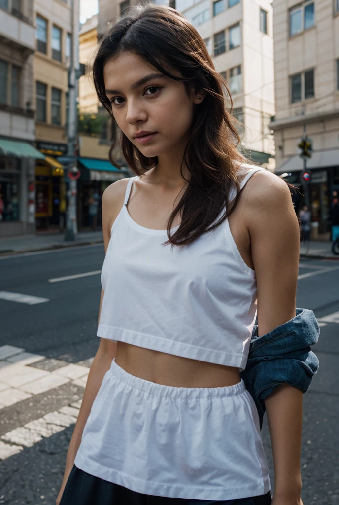 Zendaya, young devil woman, red skin, small white horns on her head, yellow glowing eyes, dark blue hair with a short bangs and long braids, photorealistic, full body, black pants and top, bare feet hyperrealism, 8k