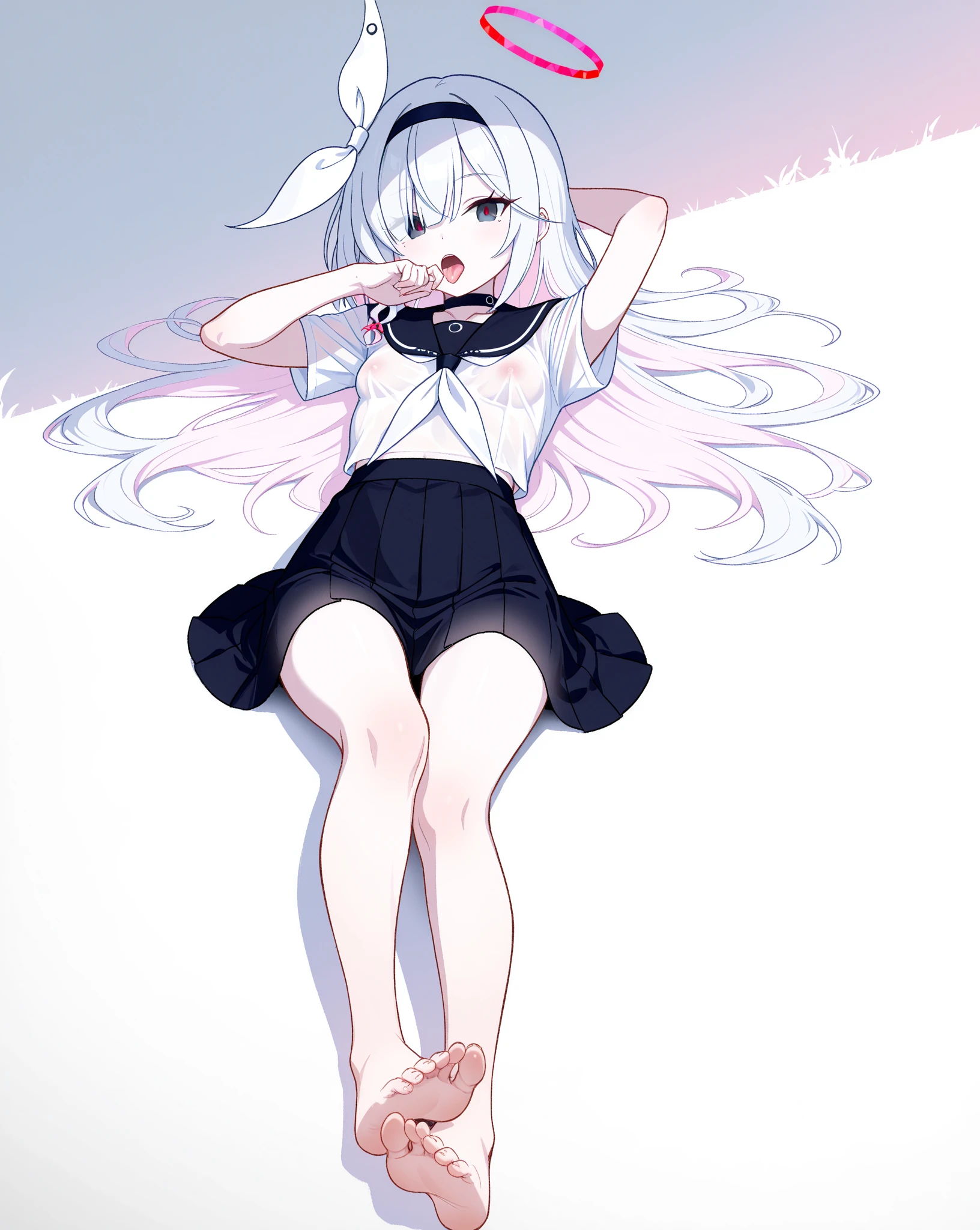 Lineart image of a girl sitting in the middle of a blank background Wearing high socks long white hair, white skin, white clothes, white shoes, white background line art.No colors thick thighs thick facing forward Apply facing down prespective a hot sitting position and bird's eye view prospective