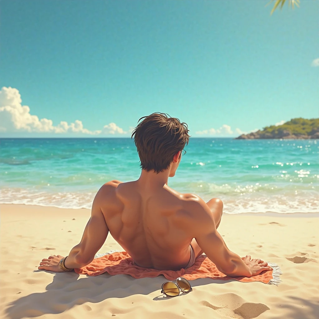 A naked man on a nudist beach, enjoying the natural surroundings on a sunny day. He is relaxing on the white, fine sand, with the calm, crystal-clear sea in the background.