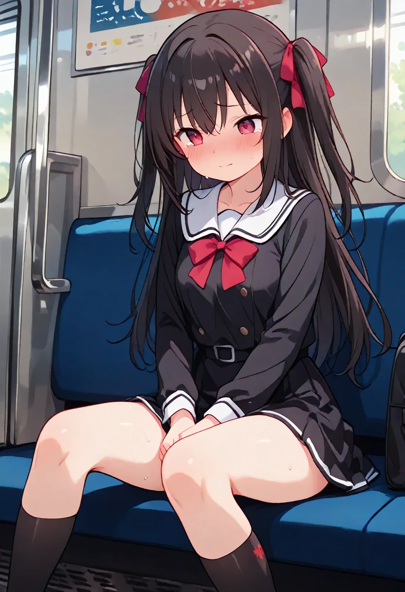 one girl、girl 、primary school student、Winter Uniform、black hair、twin tails、Eyes as blue as the sea、best beautiful girl、young girl、young girl、carrying a red school bag、black uniform、black blazer、black hat、newsboy cap、Enamel shoes、white long socks、Thigh-high white socks、white knee socks、white long socks、very long socks、short、small shoulder width、Low body、lolita、Inside the train、blushful、double teeth、cheeks are red、looking up at the viewer、black pleated skirt、wealthy class、female brat、Face like a fool、Small fangs、small breasts、sitting on the seat、inner thigh、(((((cum on tongue)))))、Upper Body