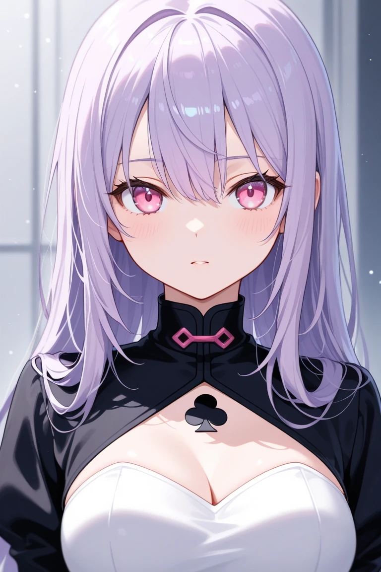 1girl, white background, red eyes, long hair, purple hair, bangs, call girl costume, closed mouth, smile, blush, masterpiece, best quality, very aesthetic, absurdres