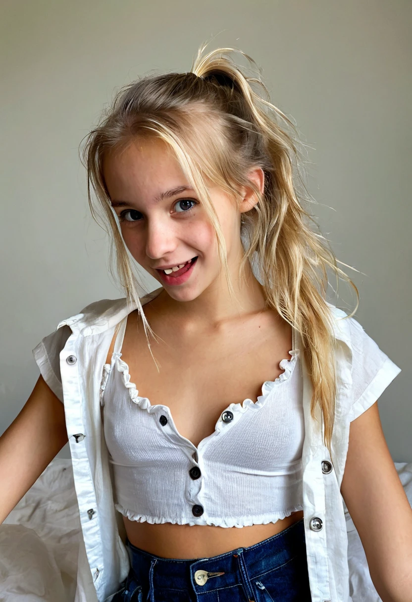 face girl with medium length blonde hair, children's ils hair, hair ribbon, Caucasian female facial structure, happy expression, golden necklace, she wearing a lace tight dress, visible nipples, marked , she in a apart