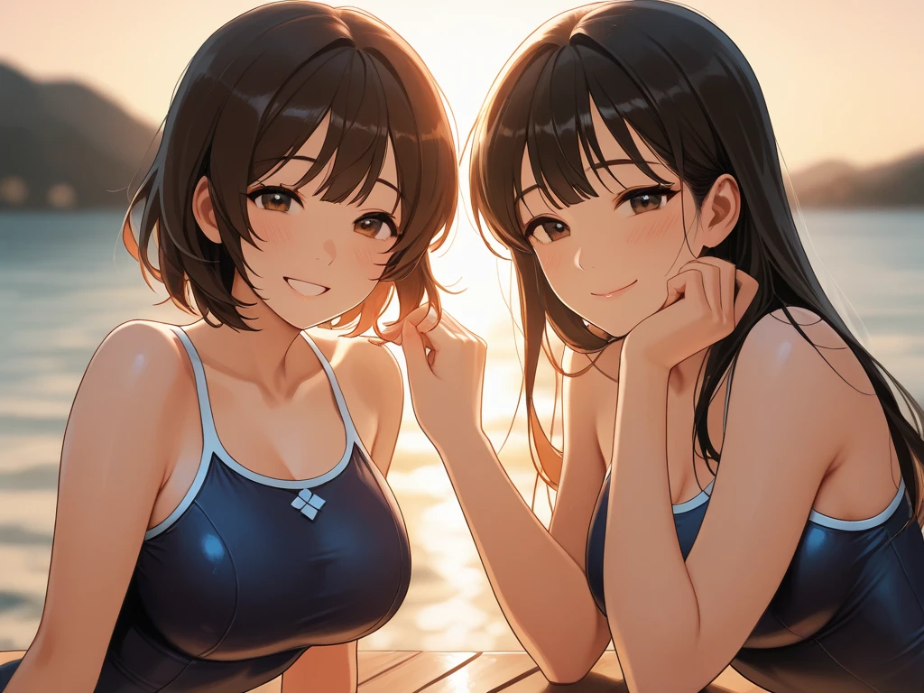 masterpiece, best quality, ultra detailed, ultra high resolution, very detailed face, (((anime, 2 girls))), (((strapless bikini:1.3))), (((large  breast))), ((smile)), in the living room