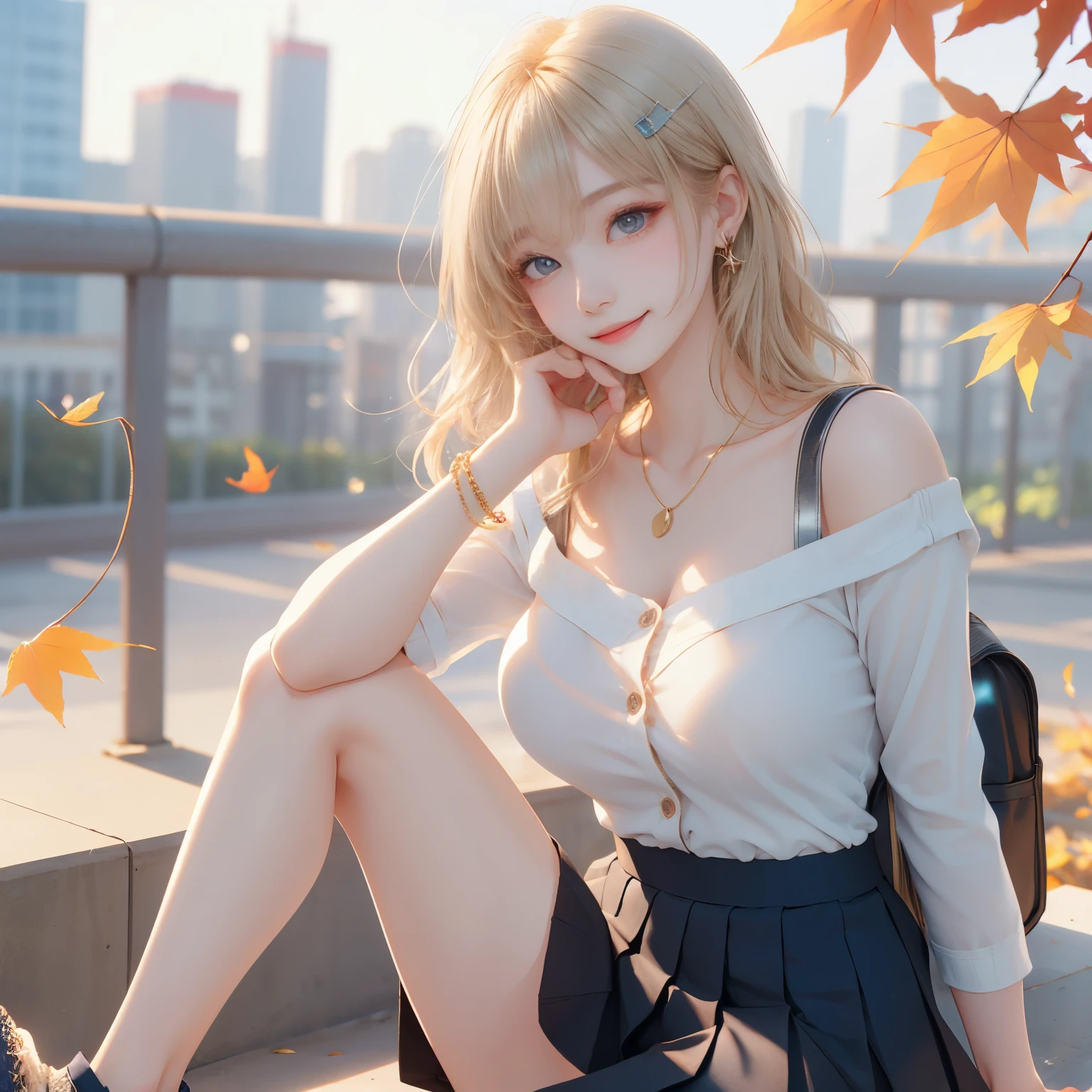 ((top-quality、masutepiece、hight resolution))、(Zoom photo from the front:1.95、Pose inviting a man、On the street at night、Groomed bangs、Medium hair、gal make:1.3、Blonde hair:1.3、Small cleavage、Cute smile:1.45)、One beautiful girl Santa、kawaii faces、Black tights、(((Santa Costumes)))
