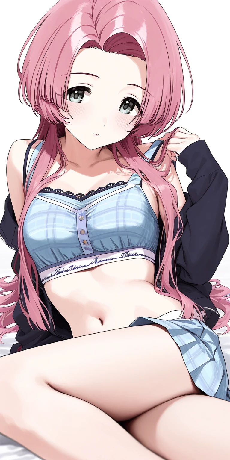 Best Quality, masutepiece, hight resolution, Solo, {Bremerton_azur lane:1.15}, long_hair, Pink_hair, Bangs, Pink_Eyes, Multicolored_hair, Streaked_hair, breasts, Large_breasts, hair_Bland_Eyes, blush, Twin-tailed, greys_hair, cleavage, Two-tone_hair, hair_ornament detached, Mole, Mole_Under_eye, side locks, Smile, Sleeveless, X_hair_ornament detached, hair_intakes, 1girl in, Bare_shoulders, hair clips, heart mark, heart mark_Necklace, Jewelry, Necklace, Official_alternate_The costume, Shirt, Sleeveless_Shirt, Sportswear, tennis_uniform, Crop_Top, Crop_Top_overhang, Midriff, Navel, Skirt, Two-tone_Shirt, Two-tone_Skirt, 鎖骨, is standing, Open_Mouth、(Skirt lift:1.3), (white panties:1.3)、(Skirt that rolls up:1.3)、(Fully exposed panties:1.5)、Look at viewers、