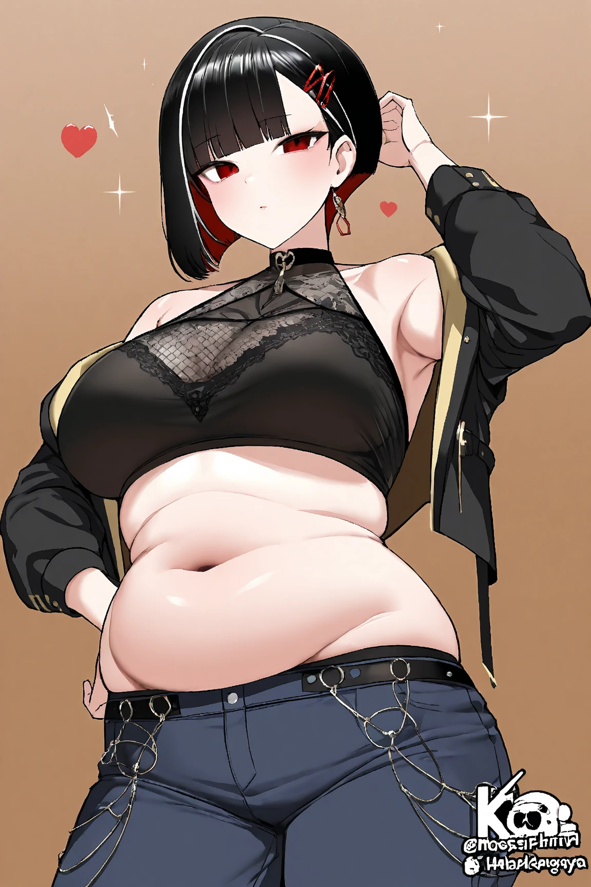 ( High quality , ultra detailed, careful with hand ), solo male, fat male, round belly, fat belly, large belly, ((tight shorts)), bulge, blushing, heart eyes, dark hair, sci-fi, cyberpunk clothes, jacket, medium length hair, arch bangs, male with fat ass and big thighs, belly focus, happy trail, moobs, round glasses, wobbly smile, possessive expression, pretty boy, chubby male, boots, exposed thighs, exposed belly, neon pink highlights, sweating, implied obsession, male yandere tag, pixiv, weight gain commission, male weight gain, fat fetish commission, deviantart, belly kink, anime style