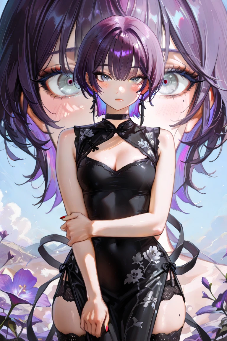 Make an image of a beautiful and pretty woman holding a purple flower, make her look beautiful and pretty and hot, make her chest very big, give a good view of the landscape as well, she's wearing a tight shirt and a short skirt, her background landscape is beautiful, make her look hotter and sexier