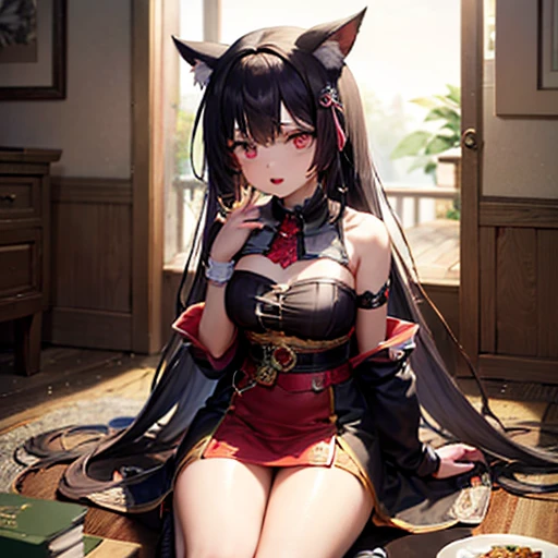 (best quality, 4k, 8k, highres, masterpiece:1.2),
ultra-detailed,
detailed face,
detailed lips and eyes,
expressive face,
realistic,
BREAK BLARKY beautiful caucasian woman with long straight black hair, (yellow eyes:1.4), fair skin, fox girl, animal ear fluff, animal ears, extra ears, fox ears, (fox tail:1.5), bangs, hair between eyes, long sidelocks, large breasts, (age 20, height 168 cm),
BREAK 1girl, (white theme),
BREAK Enchanted Succubus Seduction,
Start with a lacy Peek-a-Boo Bra set featuring floral patterns and intricate details, adding a touch of seduction to the ensemble,
BREAK Layer with a sheer kimono or robe adorned with butterfly and flower embroidery, creating an enchanting and mystical aura,
BREAK Incorporate a matching demon tail, embracing the playful and flirtatious succubus girl theme,
BREAK Choose elegant heeled sandals embellished with floral details, complementing the overall enchanting look,
BREAK Consider a delicate butterfly wing accessory for a whimsical touch during photos or special moments,
BREAK Sunset hues drape an antique castle, a portal to the long-lost splendors of India and Persia.
Amidst the weathered stones, a stunning 20-year-old girl gracefully paces through echoing aisles.
Her presence evokes a timeless elegance, merging seamlessly with the historical tapestry.
The castle, bathed in the warm glow of twilight, whispers tales of forgotten epochs.
As the girl ambles, intricate patterns of sunlight dance on the aged walls, revealing ornate carvings and murals adorned with vibrant pigments.
BREAK (Arabian or Hindu castle, indoors, nighttime, moon),
Walking on all fours, looking at viewer, from below, pov, viewer's perspective, open mouth, big smile, fangs:1:3