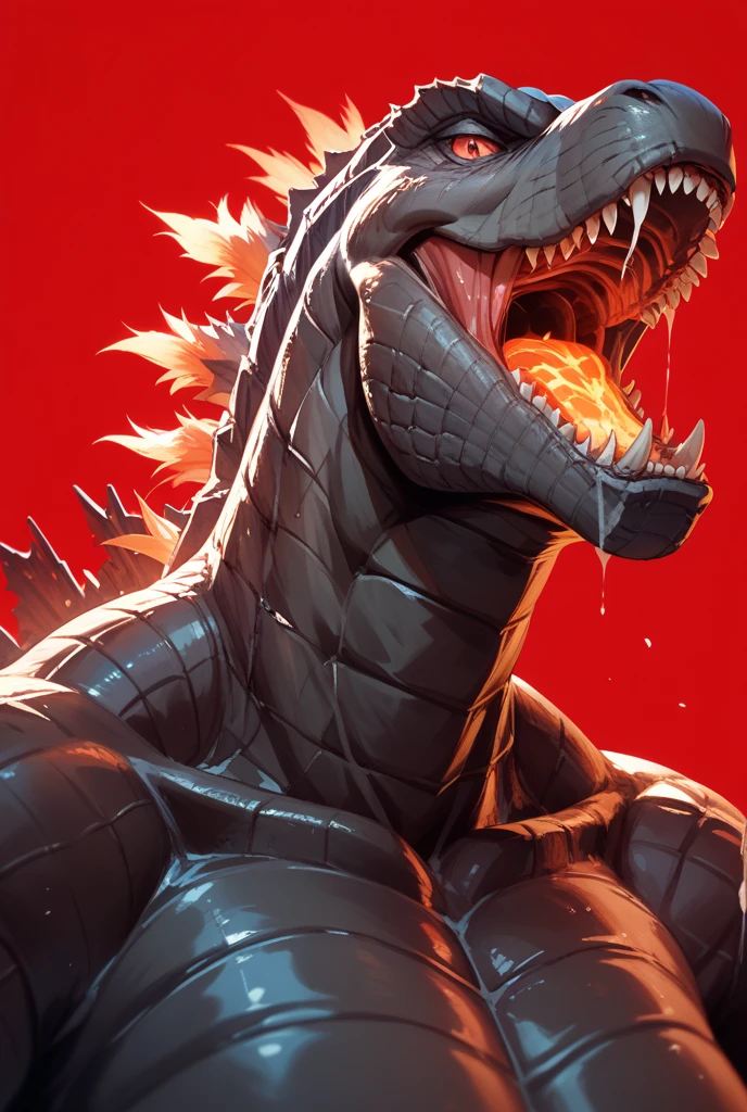 Godzilla、Defeated and falling、Wounds all over the body、Blood dripping from the wounds、Vomiting a large amount of blood、Dying in agony.