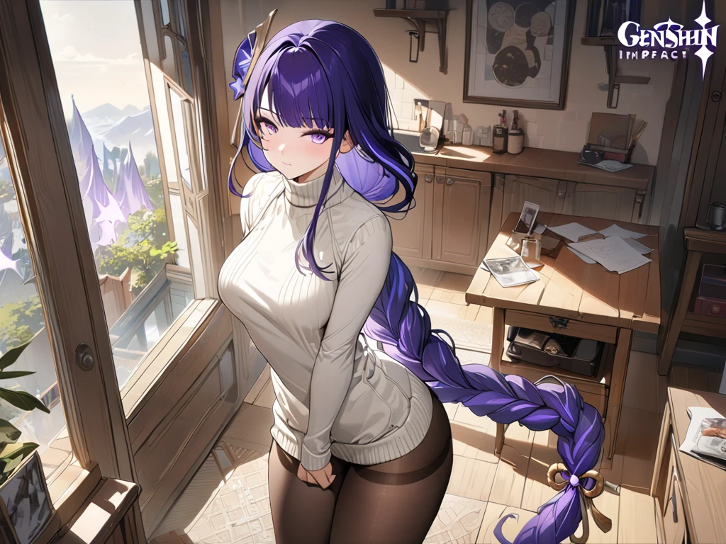 masterpiece, ultra-detailed hair, better lights, better shadows,1girl, yukino, breasts, skirt, silver hair, solo, long hair, large breasts, blue eyes, braid, ass, looking at viewer, braided ponytail, hair ornament, sleeveless, hair flower, black skirt, shirt, indoors, flower, looking back, bangs, bare shoulders, from the front, window, thighs, mole under eye, sleeveless shirt, pink shirt, blush, bare arms, office lady, very long hair, plant, contemporary, parted lips, miniskirt, single braid, closed mouth, purple flower, pantylines, ribbed shirt,