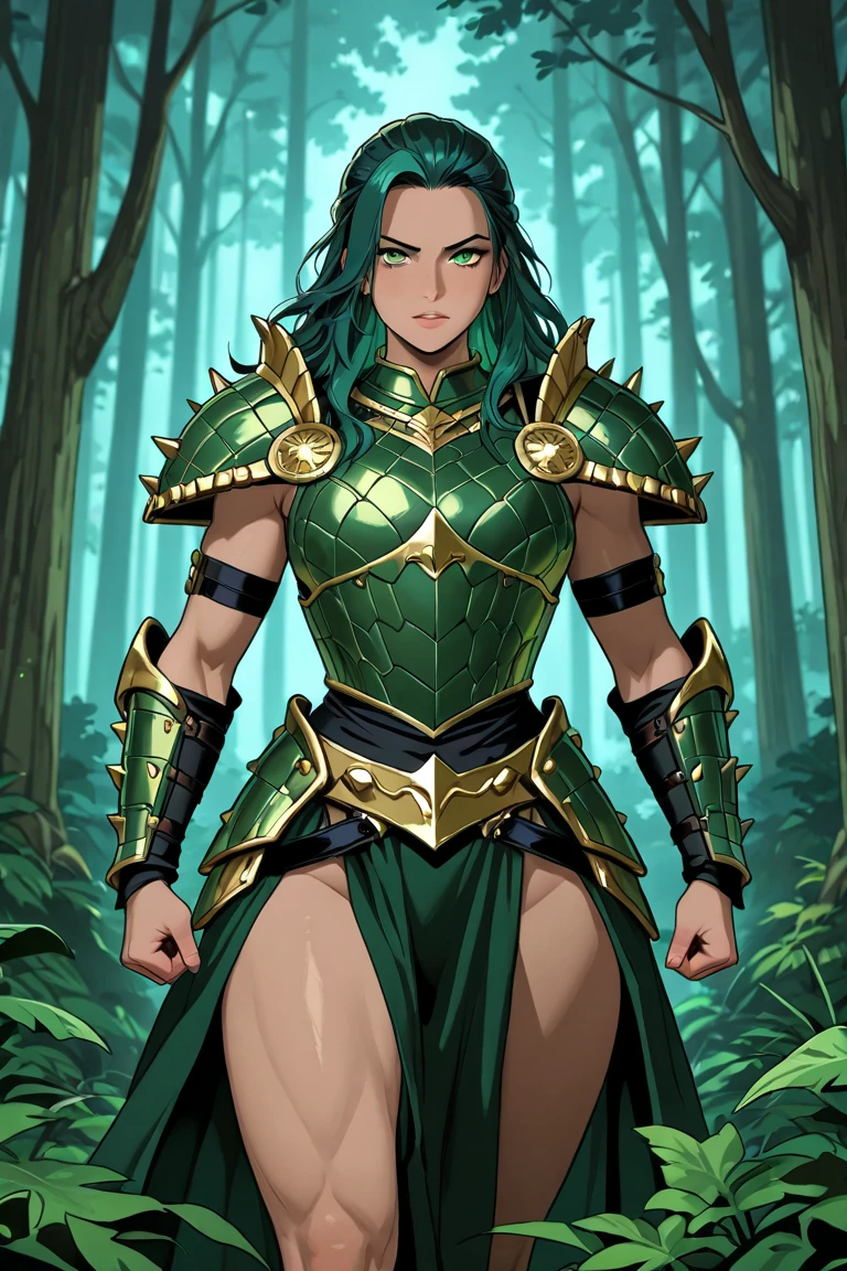 masterpiece, best quality, 1girl, detailed face, full body, lizardman girl, green hair, long hair, yellow eyes, big tits, (Armor: 1) , holding sword, green tail, green horns, (big hair in the wind)