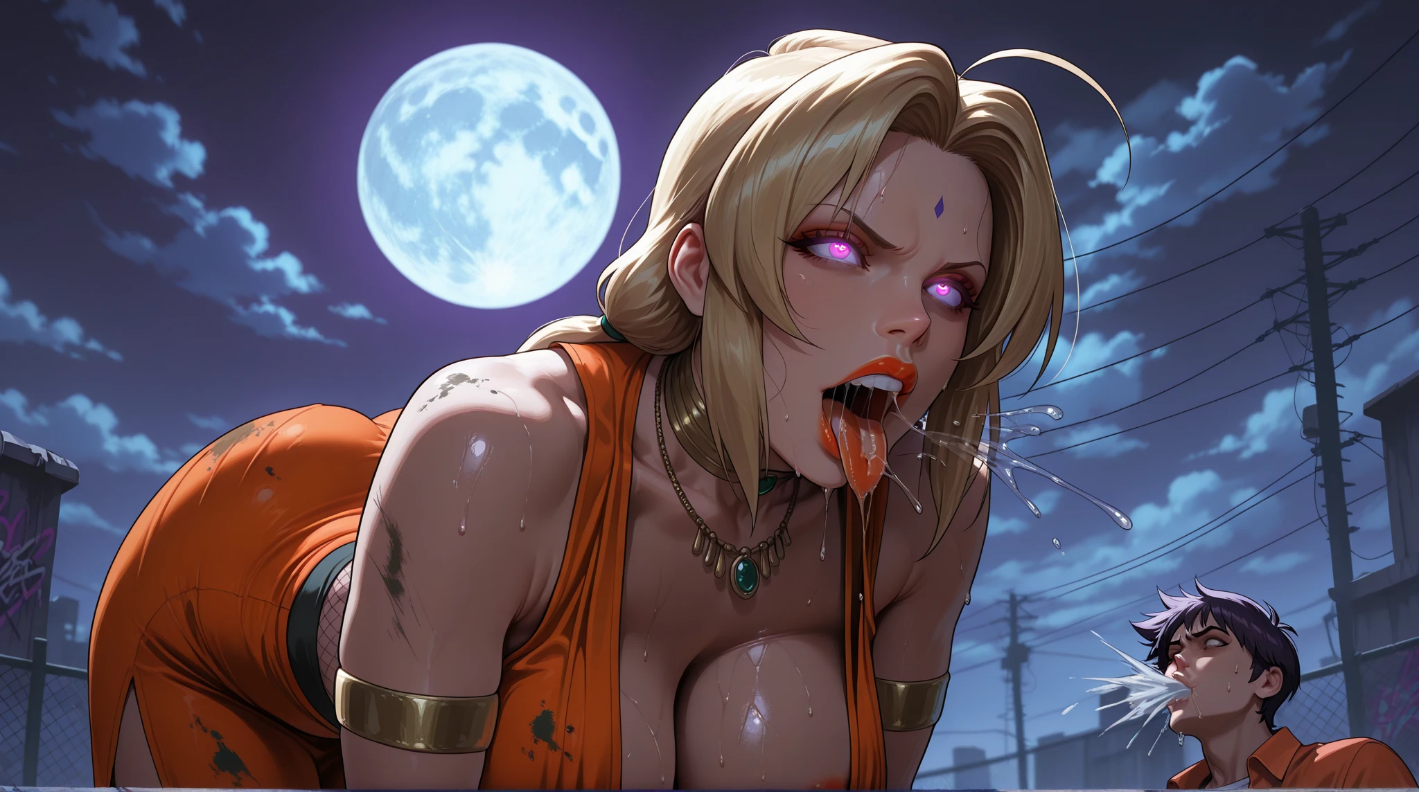 score_9, score_8_up, score_7_up, score_6_up, 1girl, solo, jewelry, rating: safe, brown_eyes, black_hair, lips, makeup, armlet, breasts, egyptian, egyptian_clothes, dark_skin, nose, earrings, gold, lipstick, cleavage, realistic, looking_at_viewer, medium_breasts, open_mouth, oral_invitation, piercing, gyaru, blunt_bangs, bangs, bob_cut, vampire, long_fangs, (from_above:1.3), downblouse, dark, silk, see-through, (blood_from_mouth:1.2), black_robe, blood, sharp_teeth, moonlight, forest, (blood_on_face:1.2)