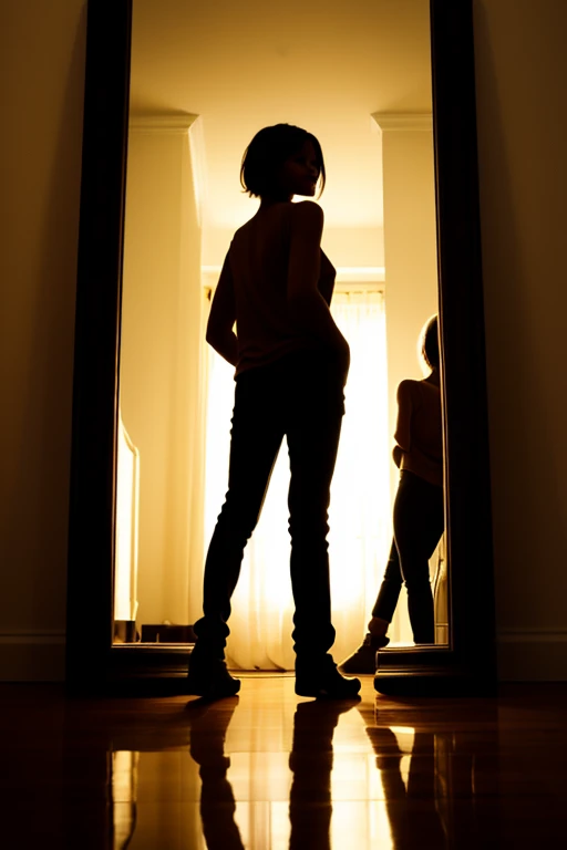 in a dark room, barely illuminated by the dim moonlight filtering through an uncurtained window, una mujer se sienta en el suelo junto a la pared. The room is devoid of furniture, which accentuates the feeling of emptiness and desolation. Sin embargo, The focus is on the woman's expression and the light coming through the window.