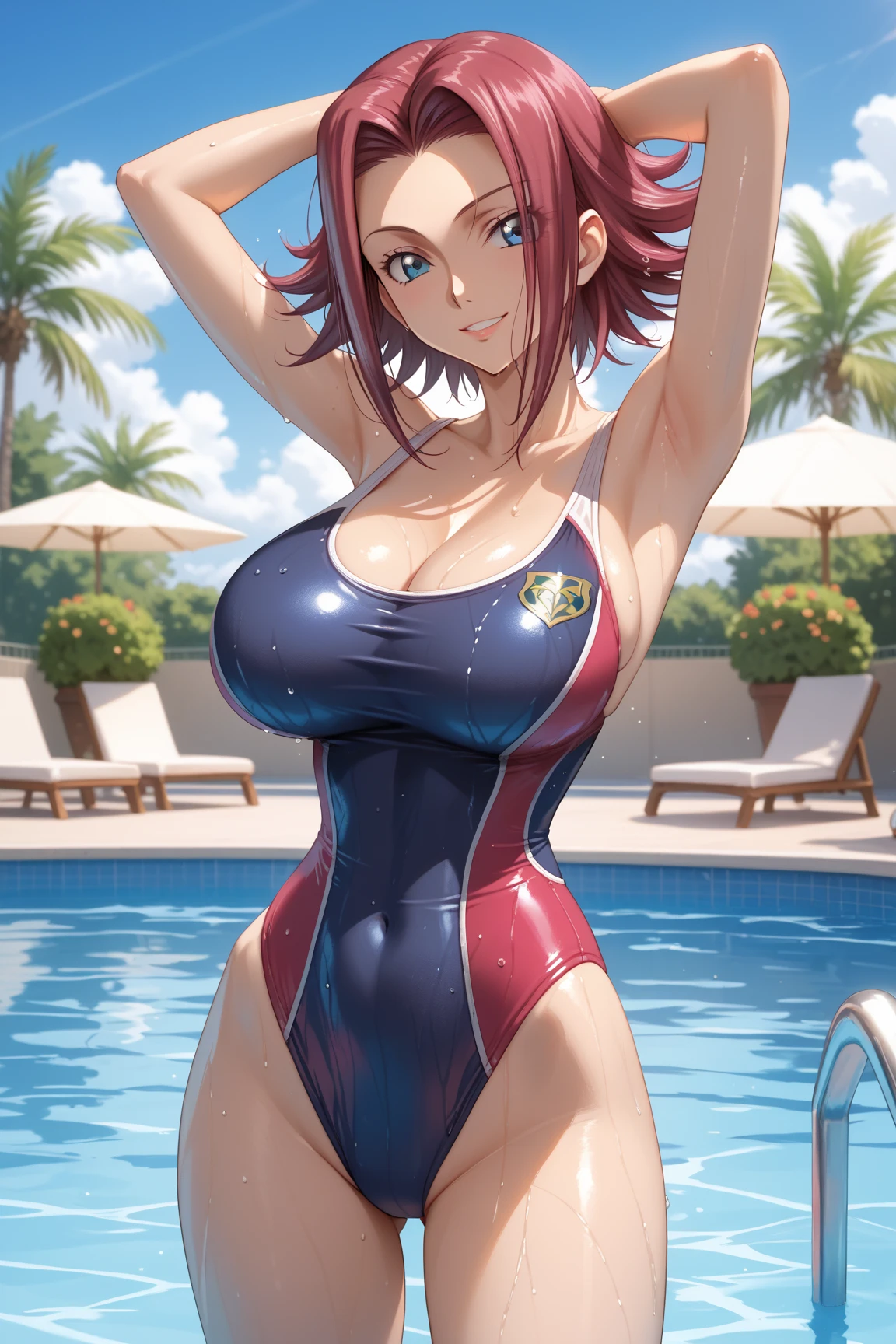 1girl, medium hair, red hair, flower ornament, hair ornament, ornament, one-piece swimsuit, green eyes, blue swimsuit, competition swimsuit, huge breasts, thick thighs, wide hips, pool, poolside, smile, light smile, 2d, anime style, anime screencap, blue competition swimsuit