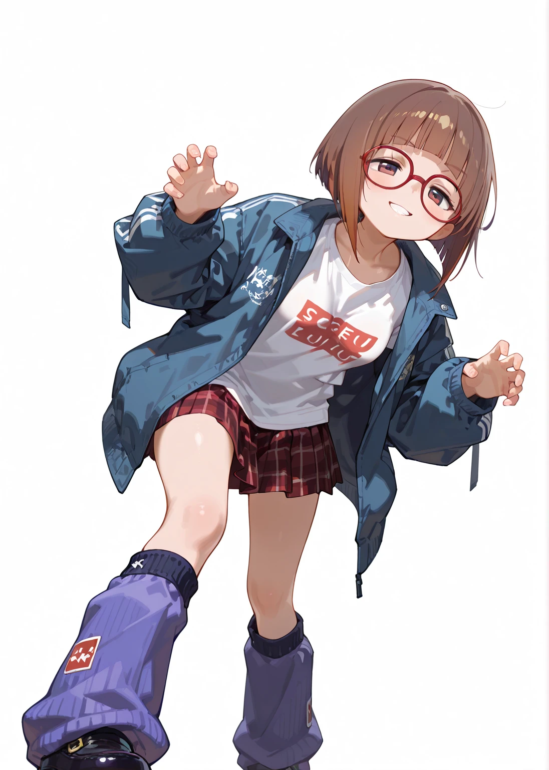 A stylish young girl with a bob haircut and brunette hair, wearing a striking red and black striped jacket, denim shorts, and red socks. She sports trendy sneakers with star patterns, glasses, and dangling earrings. The scene captures her in an urban environment filled with colorful graffiti, radiating a playful and confident mood. The artwork is a masterpiece, rendered in high dynamic range (HDR), perfect for wallpaper.
