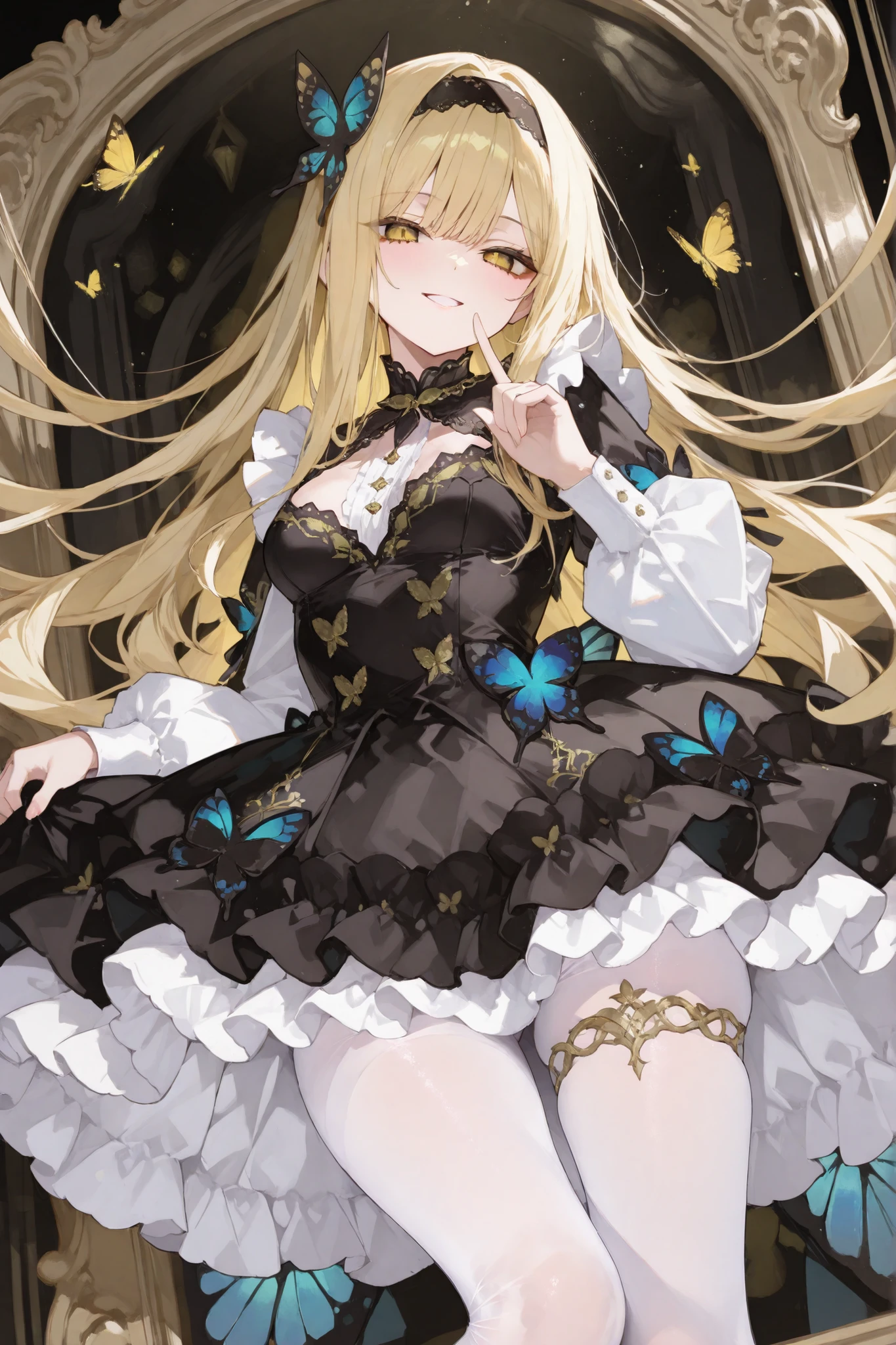 masterpiece, Score_9, Score_8_up, Score_7_up, front view, 1 woman, alone, yellow hair, long hair, bangs parted to the left side, purple eyes, beautiful eyes, parted lips, no expression, smooth skin, big breasts, cool sleeveless shirt black with purple stripes, white short skirt, black stockings, best quality, 1 butterfly jewelry on the left side of the hair, long open bangs, black sleeveless shirt, high heels.
