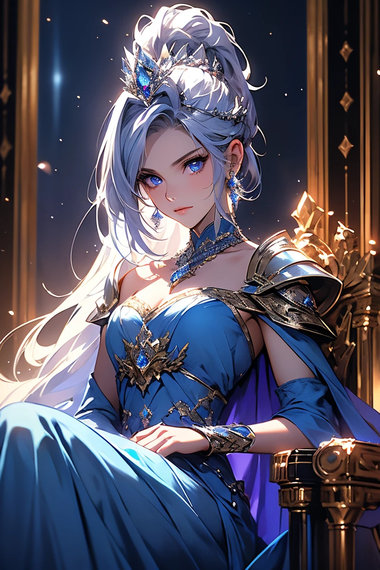 1 girl, Beautiful elf lady, begie blue Long straight hair, upturn elf pointy ears, sexy figure, charming cleavage, very beautiful face, detailed face, delicate eyes, detailed pupil, beautiful and delicate lips, pale skin, Serious, arrogant, absurd, gorgeous detailed dress, royalties, celebration, elegant, Noble, Bare shoulders, small crystal earrings, hand drawn animation, high detailed, palace banquet hall, symmetrical clothes, best quality, masterpiece, Fair,