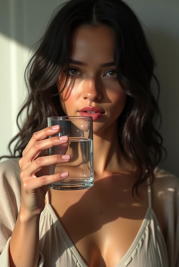 ((Masterpiece, Top image quality, high resolution、alone、skin shiny))(on the table, best quality, actual, super detailed, meticulous, high resolution, 8k wallpaper), Close-up portrait of a beautiful woman, like, smiling, light brown messy hair, Perfect dynamic composition, 美丽meticulous的眼睛, Just like the cover of a fashion magazine, on campus,wearing gold glasses