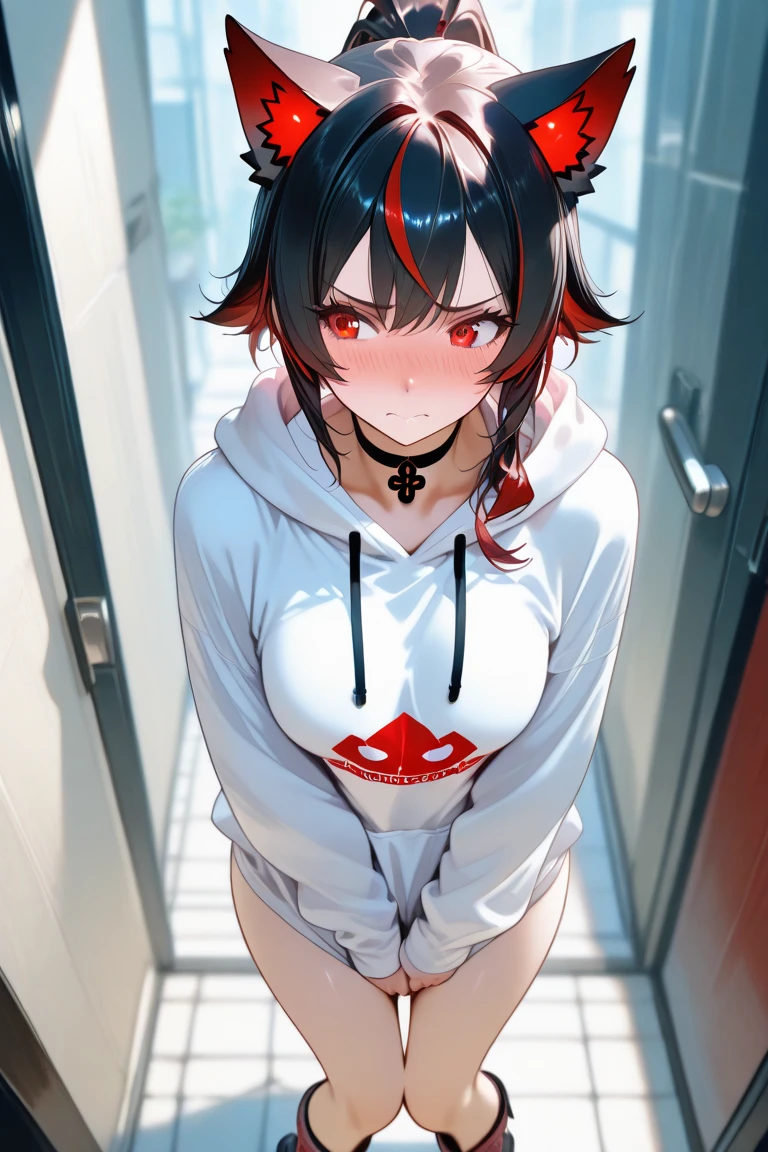 Black hair, short bob, red mesh hair, red eyes, black choker, nsfw, blush,show off nipple