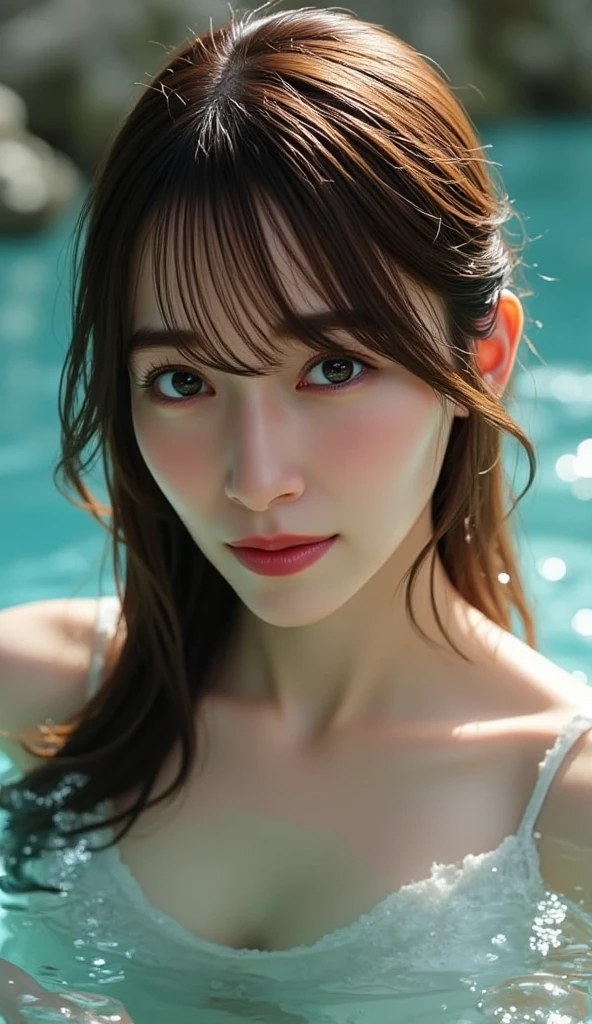 original, (masterpiece), (figure), (Beautiful and vivid background:1.25), (Depth of written boundary:0.7), Highest quality, shape, Very detailed, High resolution, 8k wallpaper, Perfect dynamic composition, Ultra detailed face, Natural Lip , Cleavage, (The eyelashes on both eyes are equal and beautiful.), looking at the camera, (whole body, Swimsuit that looks naked), Daytime, Pool, (smile), (Wet Hair)
