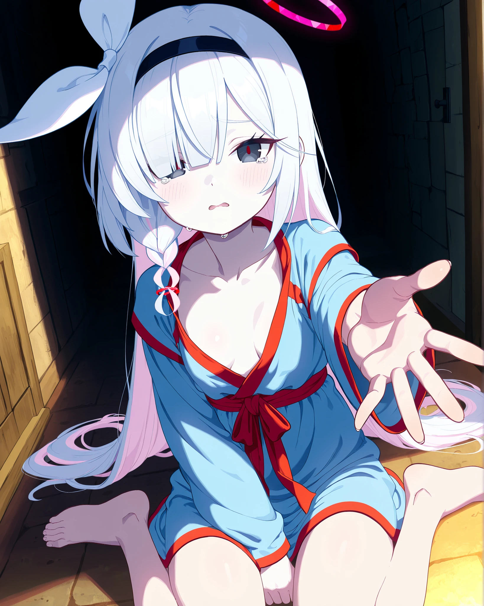 ((best quality)), ((highly detailed)), masterpiece, absurdres, detailed face, beautiful face, (detailed eyes, deep eyes), <lora:more_details:.7>, (1girl), dynamic pose, full body, <lora:shiro_deadman_wonderland:.9>, shiro_deadmanwonderland, very long hair, white hair, red eyes, albino, smiling, white bodysuit, bodysuit, collar, brown gloves, (inside, in a bedroom)