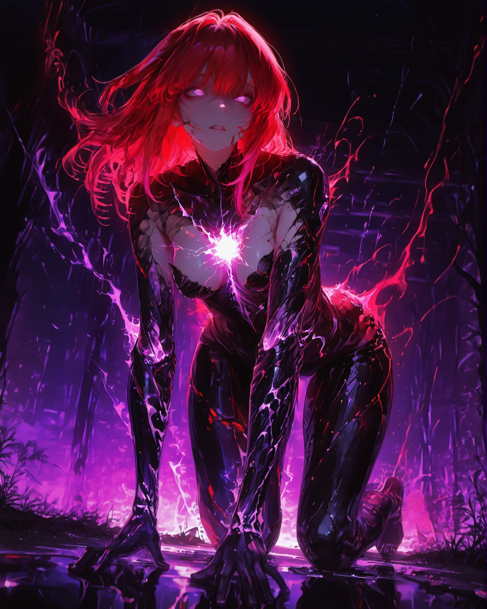 Masterpiece, natural lighting, night, perfect shadows, ray tracing, detailed image, perfect human anatomy, a beautiful woman, (nice curves), with long red hair with pink tips and bright purple eyes, (eyes rich in detail), (eyes detailed), expression of terror in her eyes, naked skin, full body, an invasive purple symbiotic organism fusing with the host's flesh, black tendrils crawling under the skin, eyes glowing unnaturally as limbs reshape into alien forms, some parts of the body are exposed like the leg and a little of the breast, in the background a scene divided equally showing on one side a beautiful field illuminated by the sun and on the other side a destroyed and dark laboratory, cinematic lighting with glowing purple energy core in the chest, soft radiant glow diffusing through cracked armor, subtle particle effects in the air, red hair backlit with a faint crimson aura, reflective highlights on metallic limbs, ambient purple light casting shadows on the ground, ethereal mist with volumetric glow