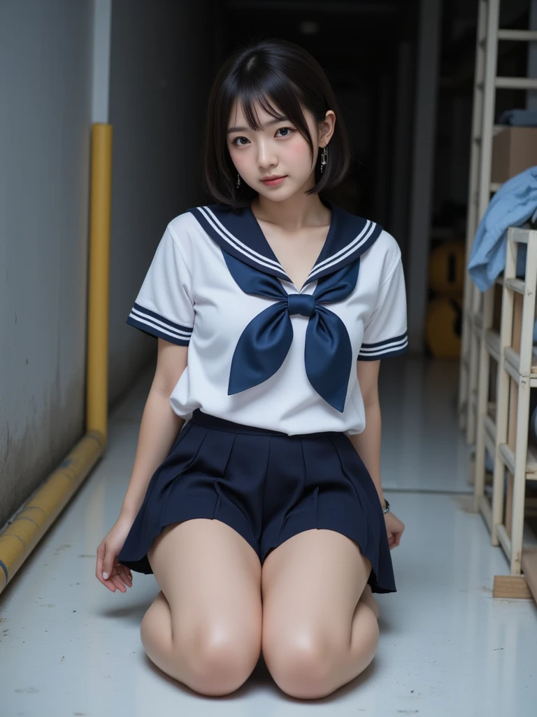 Top wearing white sailor school uniform over navy blue school swimsuit, Red tie, School Swimsuit, Blue one-piece swimsuit, Sailor collar, White socks, lowfers, huge tit