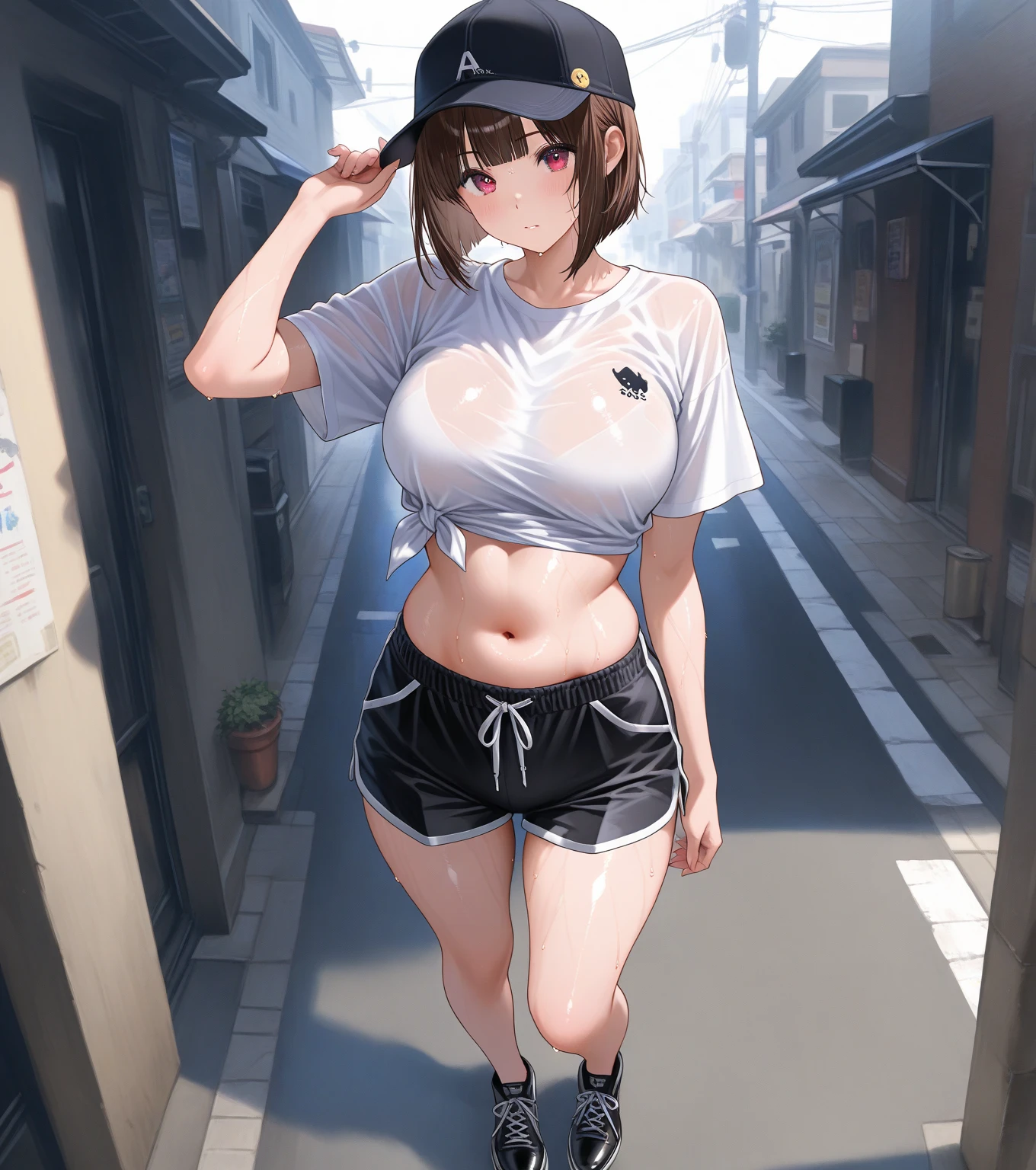 2d, masterpiece, best quality, anime, highly detailed, cowboy shot, 1girl, solo, kaguya shinomiya, red eyes, black hair, hort hair, folded ponytail, hair ribbon, gym shorts, sport shorts, shorts for woman, running shorts, casual sportshorts, shirt, sport shirt, oversized shirt, large oversized shirt, medium sized breasts, medium breasts, medium chest, high quality, 8k, best picture, detailed, high resolution, best pictrure, photo realistic, beautiful image, best image