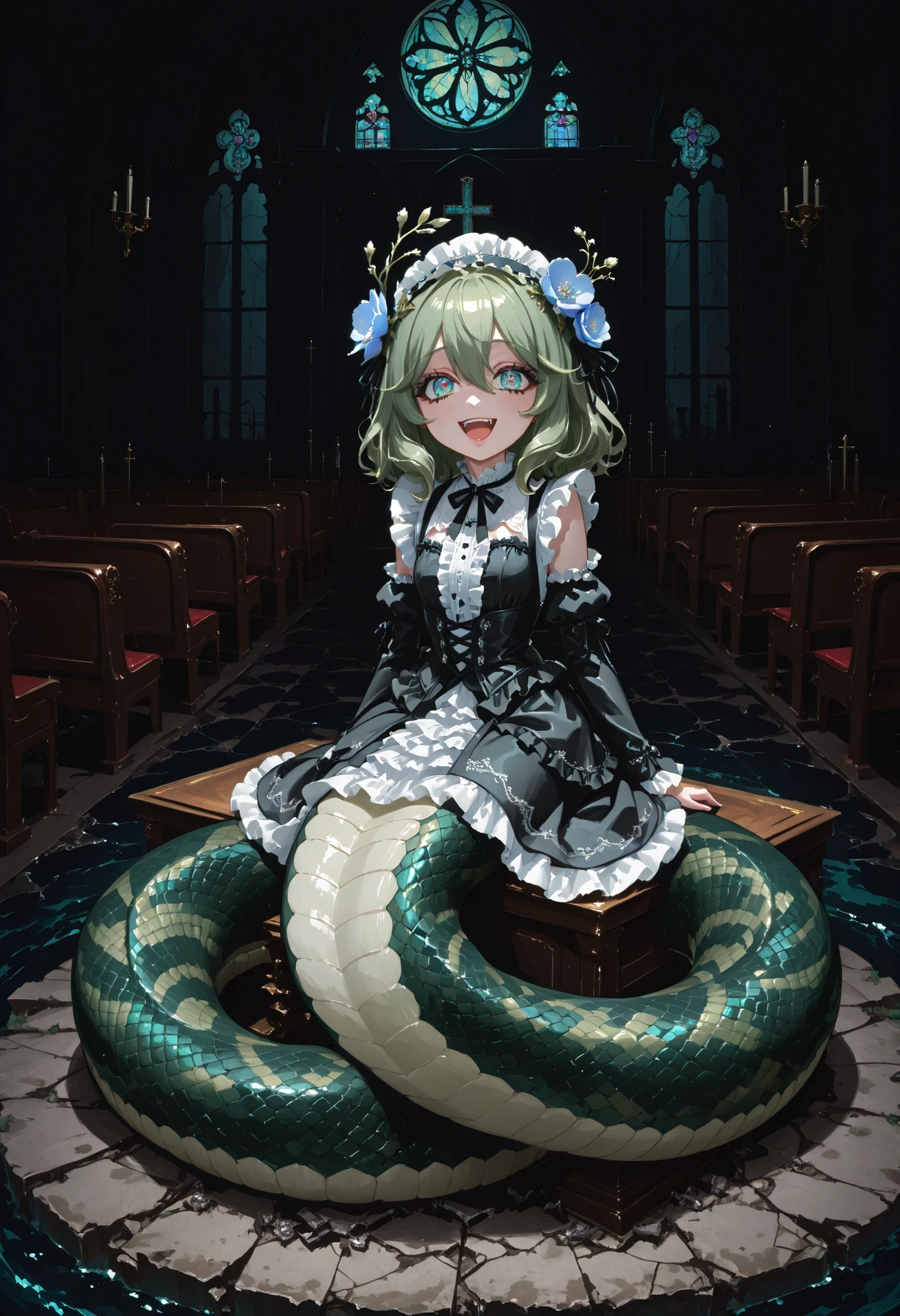 Lamia style girl. Green hair. Medium hair. Big eyes. Aurora eyes. Laughing. Blue flower on head. Gothic ta dress. Black costume. White frills. Burgundy snake body. Sitting in church. Ruins. Ocean floor. Under the sea. Dark background.