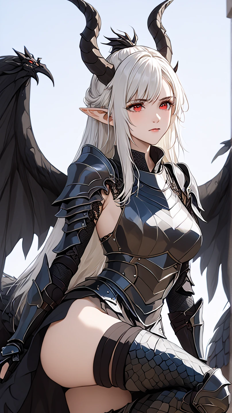 1woman,solo,40s,serious face,black lingerie,white hair,long hair,dragon wings,sexy,blue eyes,elve ear,masterpiece,4k,hd,flying in the sky,detailed face,focus on face,hidden arms,close-up,waist-up view