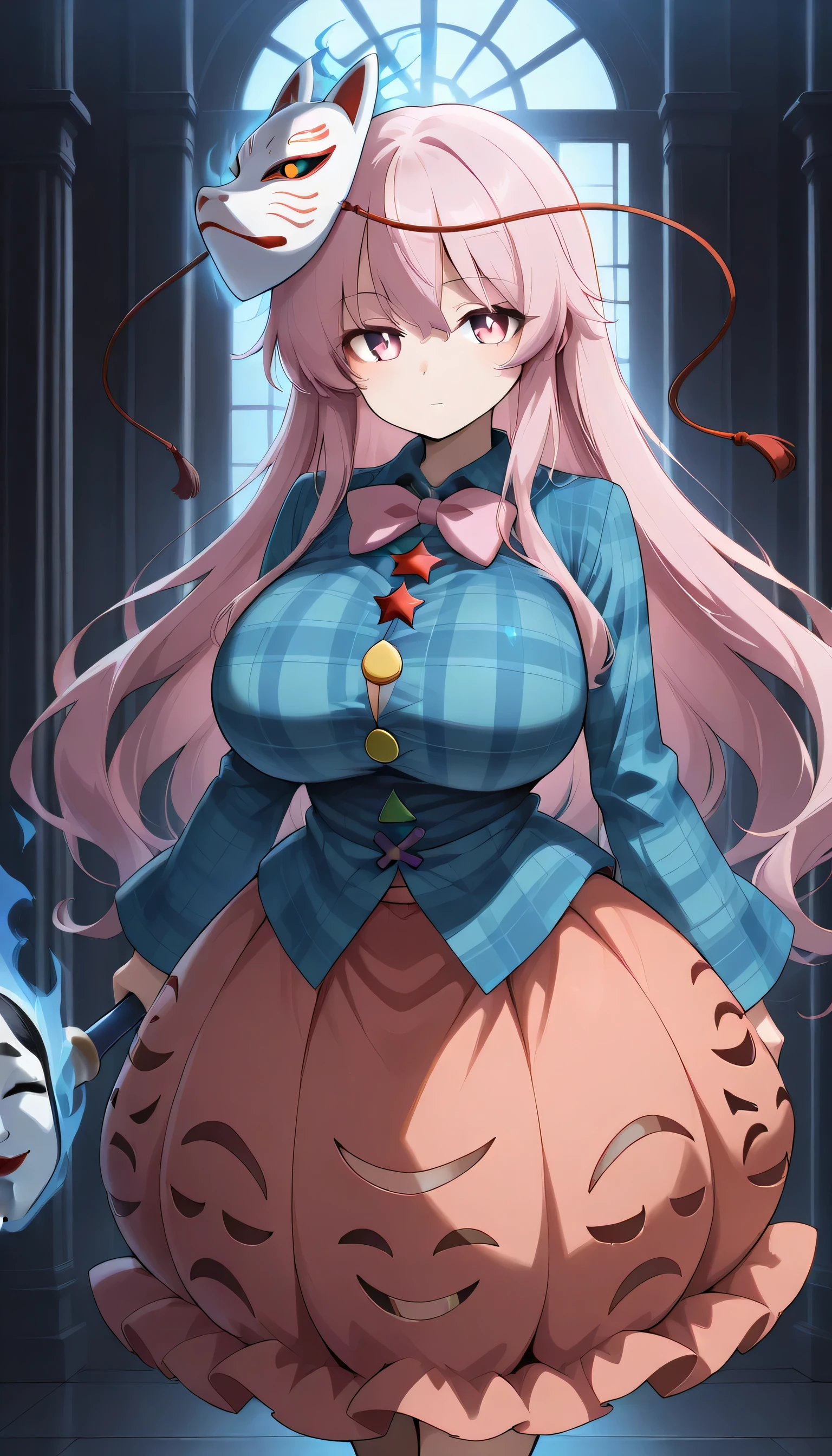 (masterpiece:1.1), highres, (best quality:1.3),(anime coloring:1.2),
,(nsfw:1.0),(1girl)+,1boy,hetero,koko,hata no kokoro, <lora:hataNoKokoro_v25E12:1>, pink hair,pink eyes
,mask, aqua shirt,bubble skirt,multicolored buttons,plaid shirt,orange skirt
,upper body, hands up,V,
,pov,pov hands, <lora:povBreastGrab_v2:0.7>,breast grab,
,(cute,kawaii:1.4),
,(huge breasts:1.3)
,(expressionless:1.2),closed mouth,blush, spoken exclamation mark, !?
,outdoors, alley ,night,