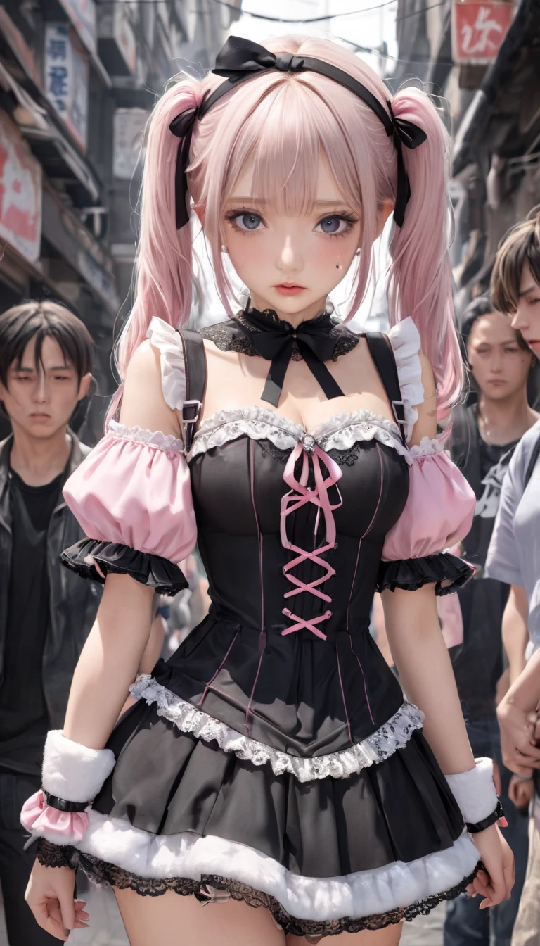 (Masterpiece, BestQuality:1.3), (ultra detailed:1.2), (hyperrealistic:1.3), (RAW photo:1.2), High detail RAW color photo, professional photograph, (Photorealistic:1.4), (realistic:1.4), professional lighting, perfect anatomy, (Big Breasts:1.1), (blush, detailed face), (cheerful Smile:1.5), Trending Hair&Trending Hairカラーをランダムに, earrings, necklace, bracelet, sexly, erotic sexly, Random sexy gravure poses, (A beautiful pink-haired woman in Lolita fashion is walking down a city street。hair is twin tail、spread your skirt。:1.3)