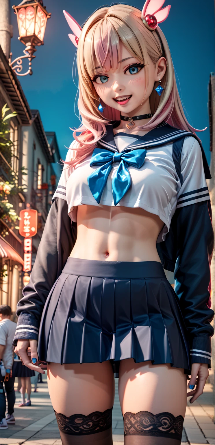 High resolution, super detail, (2D), Japan person, 1 girl, 16 year old high school girl, ((pink with gradient hair)), cute sailor suit, bob hair, dull bangs, (((eyes of different colors left and right)), finely detailed eyes, golden ratio face, sunlight, iridescent light grains, complex light reflection, background blue sky, transparency, hidden beauty, smile, depiction with depth, full body, full of energy, Looking at the viewer,