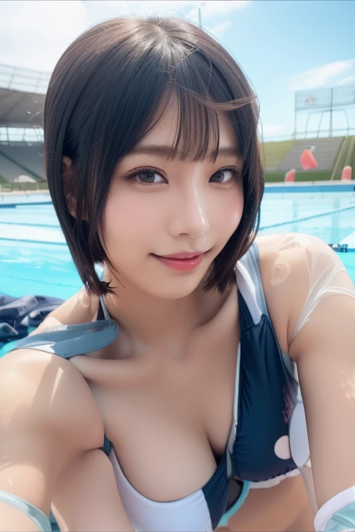 One Girl, (beautiful girl, Delicate girl:1.3), (15 years old:1.3),
break, (One piece swimsuit, Competitive swimming suits:1.2),
break, (Pool:1.3),
break, Very beautiful eyes, (Symmetrical eyes:1.3),
break, Small breasts, Brown eyes, Parted bangs, Brown Hair, (Upper teeth, The best smile:0.2),
break, (Eye and facial details:1.0),
break, (masterpiece, highest quality, Very detailed, Detailed face, 8k)