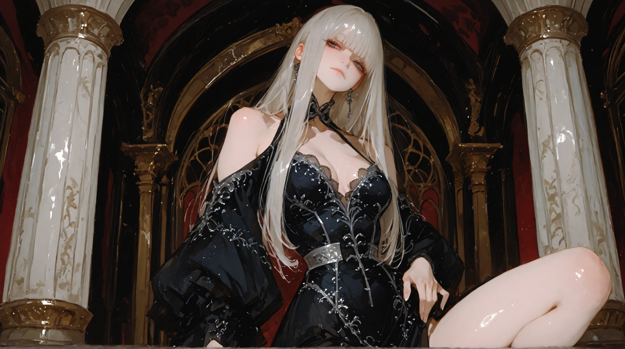((evening dress:, strapless)), absurdres, RAW photo, extremely delicate and beautiful, masterpiece, Best Quality, ultra high resolution, 32k, hyperrealistic, ultra-detailed, detailed description, perfect anatomy, pale skin, 20 years old, detailed beautiful face and eyes, tearful mole, earring, short medium hair, wavy hair, random colored hair, whole body shot, colossal tits,