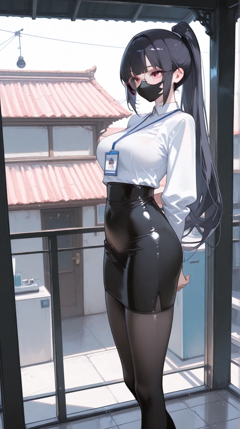 1girl, office, shirt, (angry), ((hourglass figure)), black tights, (from below), looking at viewer, glasses, ((thick thighs)), ((huge breasts)), ((pussy))
